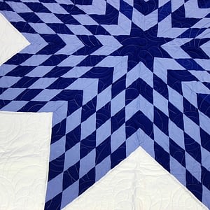Blue & White Lone Star Patchwork FINISHED QUILT – Queen Size – Feather Quilting
