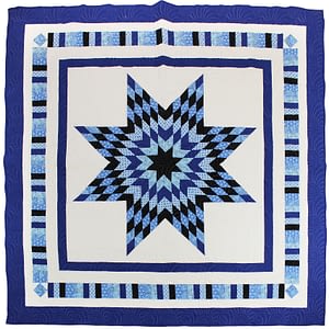 Blue & White Lone Star Patchwork FINISHED QUILT – Queen Size – Strip Border Details