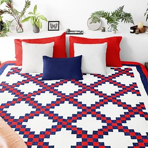 Patriotic style & color Irish Chain patchwork FINISHED QUILT – Nice quilting