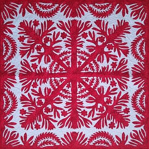 Red & White Hawaiian design finished wall quilt – Hand applique w/ rod pocket